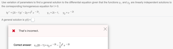Use variation of parameters to find a general solution to the differential equation given that the functions y, and y2 are li