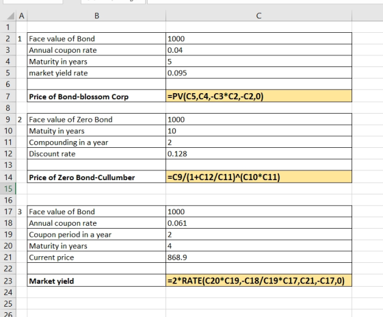 B 1 2 1000 0.04 1 Face value of Bond Annual coupon rate Maturity in years market yield rate 0.095 Price of Bond-blossom Corp