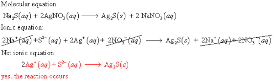 Molecular equation: Ionic equati on: 2Na-taq Net ionic equati on: 2Ag (aq)+S (aq) Ag2S(s) yes. the reaction occurs