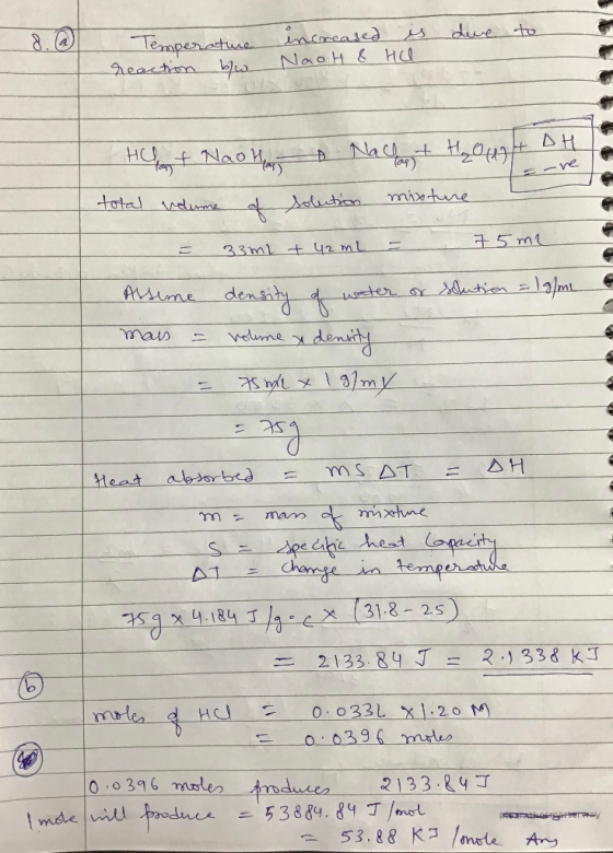 8. @ due to Temperat Temperature reaction b/w increased es ^ Naot & Hull re total - Het Naota Nachant Holt al volume of solut