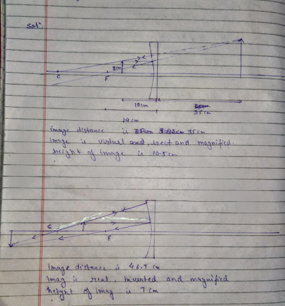 sol. 10cm 14cm image distance is Blom Boom 35cm image is virtual reall, drect and magnified. height of image in 10.5cm image