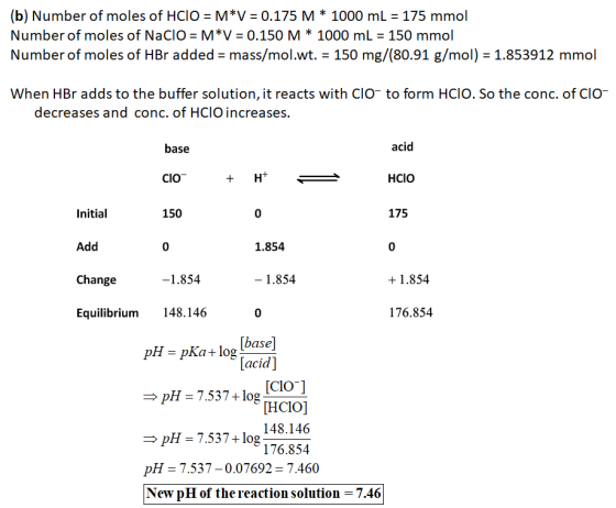 (b) Number of moles of HCIO = M*V = 0.175 M* 1000 mL 175 mmol Number of moles of NaClO M*V = 0.150 M * 1000 mL 150 mmol Numbe