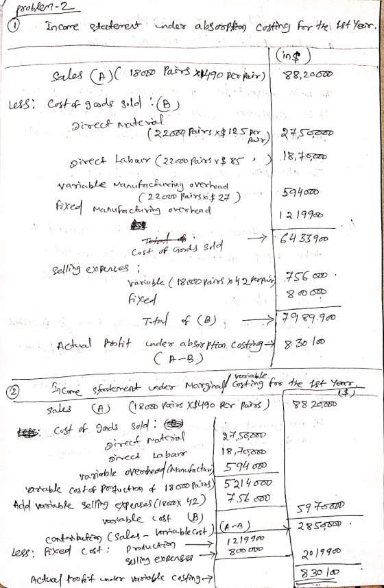 of 1 problem-2 Income 0 statement indes absorption costing for the 1st Year. (int) sales (A) 18000 Pairs x1490 per pair) 88,2