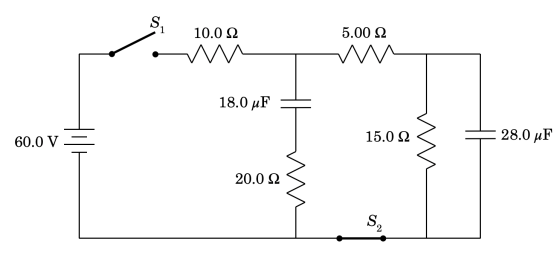 S, 10.0 Ω 5.00 Ω ΛΛΑ 18.0 μF 60.0 V 15.0 Ω 28.0 μF 20.0 Ω S,