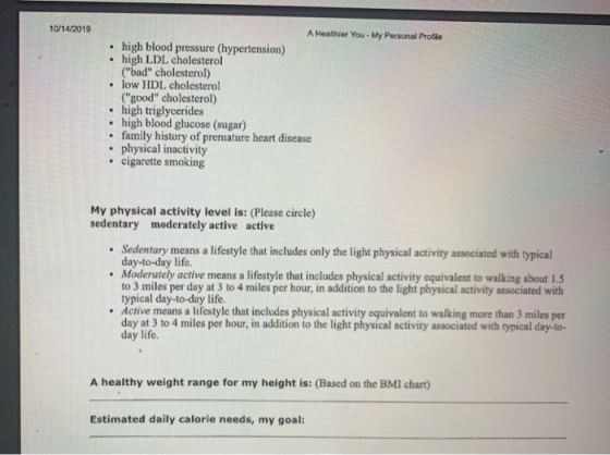 10/14/2019 A Healthier You - My Personal Profile • high blood pressure (hypertension) • high LDL cholesterol (bad cholester