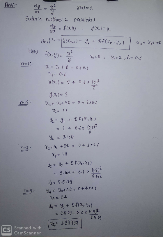 Ansir y (0)=2 Eulers method : Cerplicite) oly = f(x,y) , yo%) = Yo Yn + 2) = y(xnai) = Yn + hf (an In) , an= 2+nh Here fa,y)