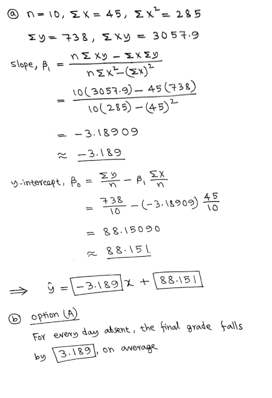 @ n= 10, EX = 45, EX? = 285 sy = 738, E xy = 3057.9 n Exy – Exy slope, ß = 2 nEx-(3x) _10(3057.9) — 45 (738) 101285) -(45) ?