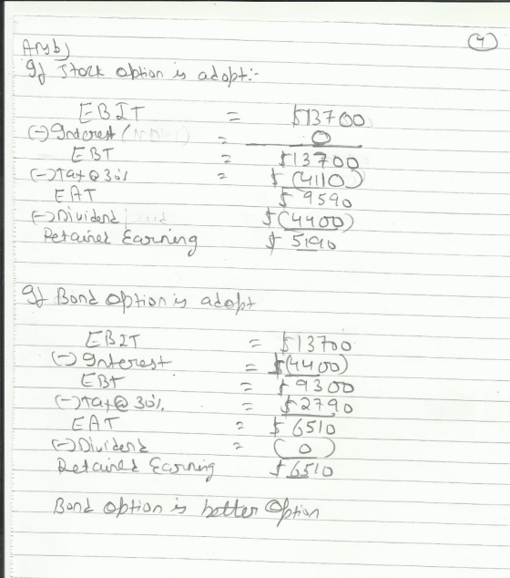 $13700 Amb) If stock option is adopt.- EBIT Interest (ro EBT Etat @ 301 - EAT Dividend as Petaired Earning $13700 $(411o) Ś 9
