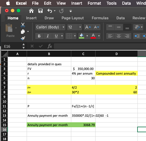 Excel File Edit View Insert Format Tools Data Wind 0. ños = Home Insert Draw Page Layout Formulas Data Review Calibri (Body)