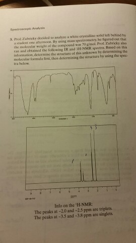 Spectroscopid Analysuts 호 Prot, Zuhncky deoded io analyse a whaleystaline solid left behind by a student one aftomoon. By using mass spectrometry, be igured out that the molecular weight or the axilpound wins 70 밂mol. Prot Zuhncky also n and obtained the folkowing IR and 1H-NMR spectra. Based on this nformation, determine the structure of this unknown by determining the moleculsr formula first them determining the straciure by using the spec- tra below Info on the H-NMR: The peaks at -2.0 and 25 ppm are triplets The peaks at-3.5 and-3.8 ppm are singlets