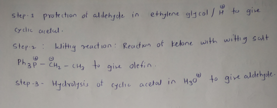 of aldehicle in ethylene glycol/t to give step-1 cyclic protection acetul. Step 2: klittig reaction: Reaction of ketone with