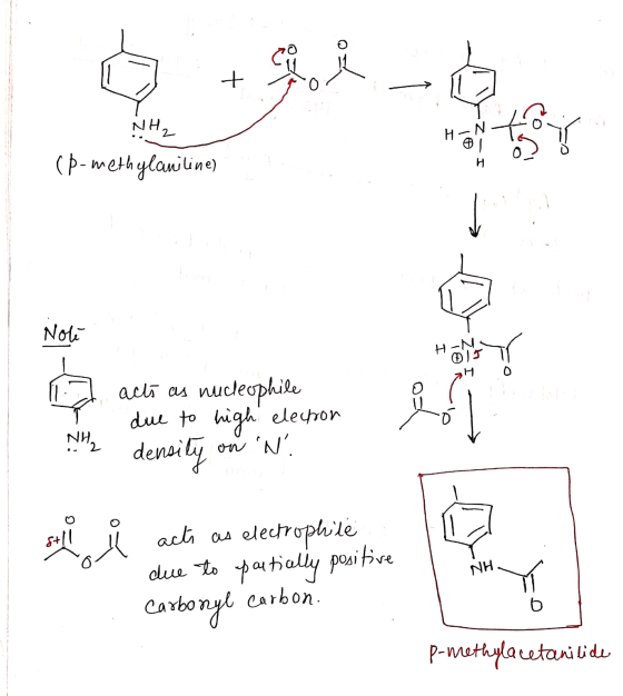 La + ΝΗ, H (p-meth methylaniline) Nole HAN ĐII acts as ne nucleophile due to high electron density on N ed NHL S+11 acti as