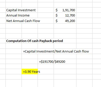 $ 1,91,700 Capital Investment $ Annual Income 12,700 Net Annual Cash Flow 49,200 Computation Of cash Payback period Capital I