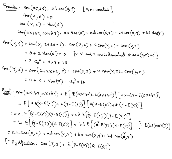 La, s couctat FormudaCor (ax,): aboms Con(axo cor (x,x) Von () (ax+by, ex+\¥) Low ac Var(x+ ad cov (xx)Le co (x,Y) +bd com (2