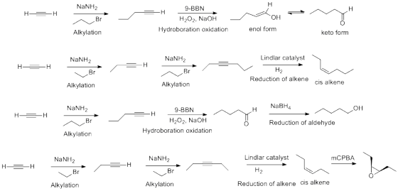 H H =-H = 2 OH NaNH2 ~ Br Alkylation H 9-BBN H2O2, NaOH Hydroboration oxidation enol form keto form NaNH2 Lindlar catalyst HH