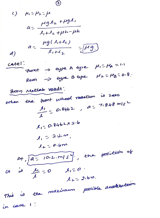 c) Hi=42=4 regl, trige, a litlatfh-feh ugllitle) aa Elreg. d) litla caseli Front ₃ type A tyre HisHA = 11 Rear -> type B type