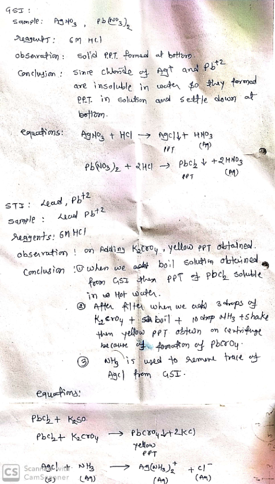 GSI! Scomple: Ag tog i pb aves), reagents: 6M HCl observation solid P.PT formed at bottorn. Conclusion since chonde of out an