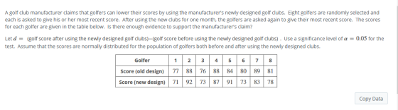 A golf club manufacturer claims that golfers can lower their scores by using the manufacturers newly designed golf clubs. Ei