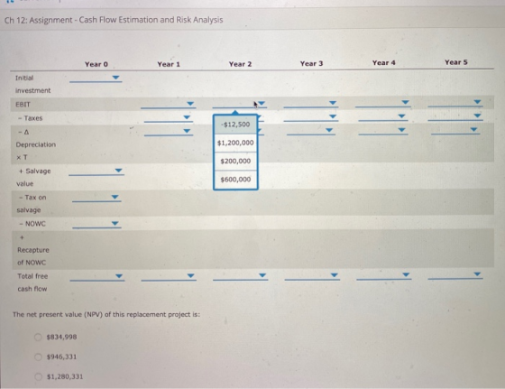 Ch 12: Assignment - Cash Flow Estimation and Risk Analysis Year o Year 2 Year 1 Year 3 Year 5 Year 2 Year 4 Year 3 Initial In