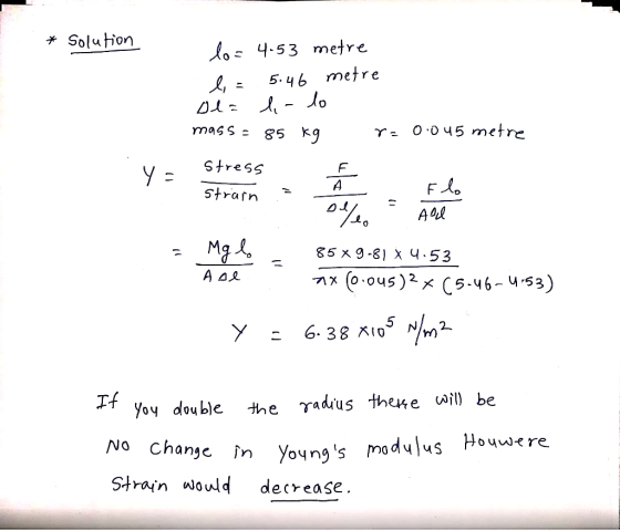 * Solution lo=4:53 metre li = 5.46 metre ol= li- lo mass=85 kg r=0.045 metre stress strain FX, De e All (y = Y = - mgiels 854