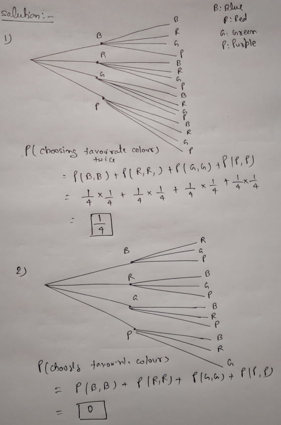solution :- و BiBlue RiRed Go Green Pi Purple كه ى ی وه ی ه و ه هی P(choosing e favourate colour) twice = P(B, B) + P(R,R,) +
