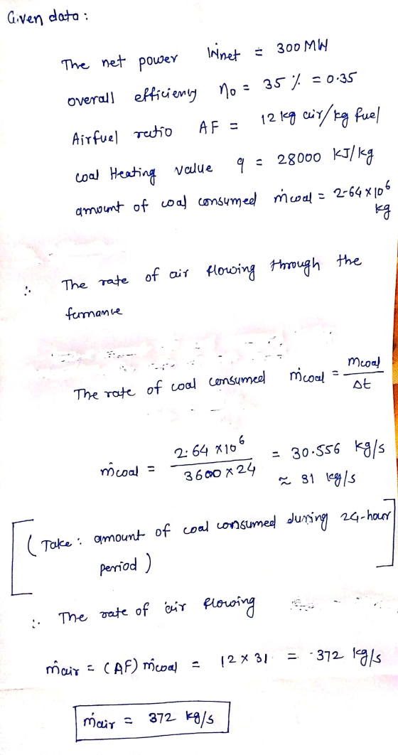 Given data; ninet 300 MW The net power 35% =0.35 overall efficiency no 12 kg air/kg fuel Airfuel AF = rectio 9 cool Heating v