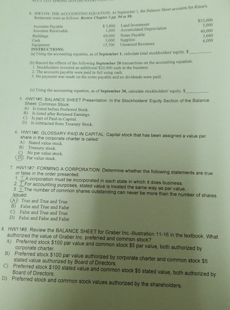 THE ACCOUNTING FOLIATION At September 1, the Balance Sheet accounts for sinens Restaurant were as follows Medew Chapter 98 $3