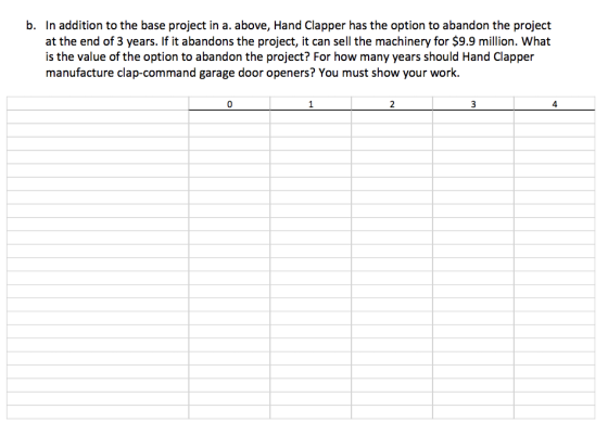 b. In addition to the base project in a. above, Hand Clapper has the option to abandon the project at the end of 3 years. If