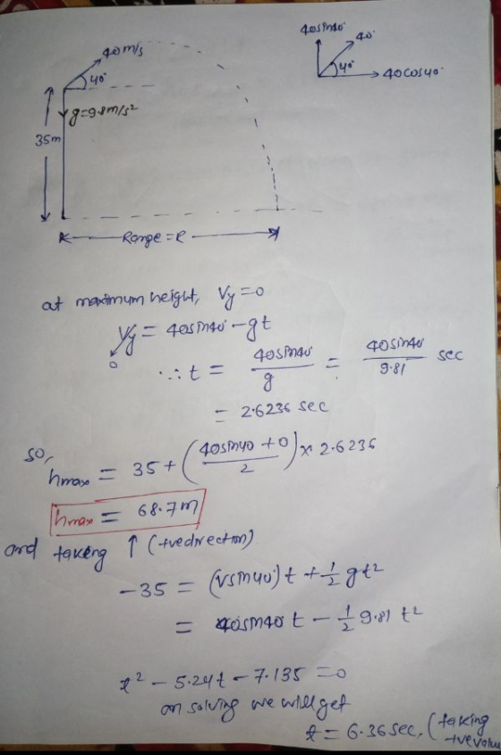 cosinse vomis Luo 40 Cosyo 14 340 Yg=9.8m/52 35m * Range =- gosinte 9.81 Sec at maximum height, Vy=0 = 408 mso-gt 40 singu ..