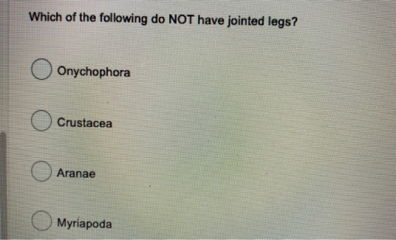 Which of the following do NOT have jointed legs? Onychophora Crustacea O Aranae Myriapoda