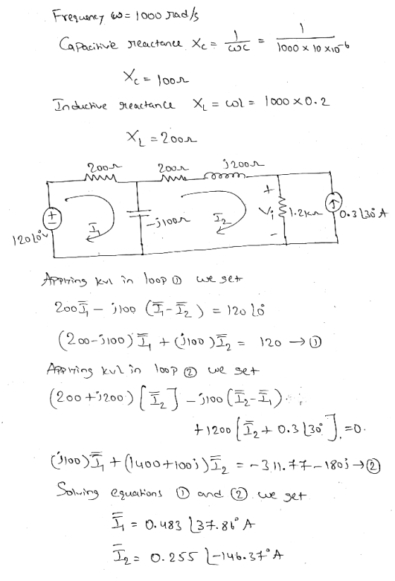 Frequency w=1000 rad/s Capacitive reactance. Xc = Xe=loor c = 1000 x 10x10 Inductive reactance X, = col= 1000 x 0.2 Xq=2005 2