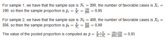 For sample 1, we have that the sample size is N1 = 200, the number of favorable cases is X1 190, so then the sample proportio
