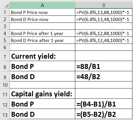 В =PV(6.8%,13,88,1000)*-1 =PV(6.8%,13,48,1000)*-1 1 Bond P Price now 2 Bond D Price now 3 4 Bond P Price after 1 year 5 Bond