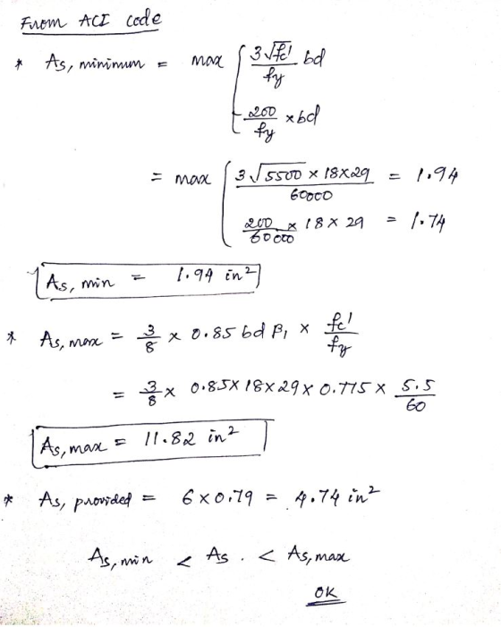 From ACI code * As, minimum More 3 Jfc bd fy 200 xbd fy 1.94 5500 x 18x29 Gooco 200 X 18 X 29 30000 1.74 As, 1.94 in min fc