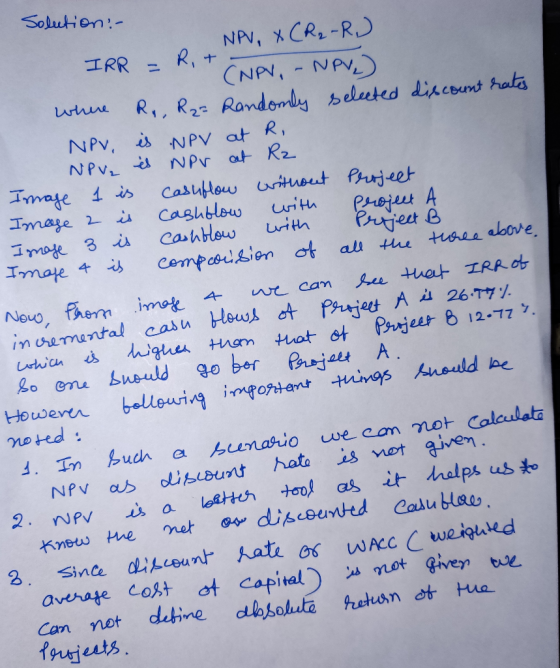 Solution:- NPV, XCR₂-R) IRR = Rit; CNPV, - NPV) where R., R2= Randomly selected discount rates NPV is NPV at R. NP v₂ es NP