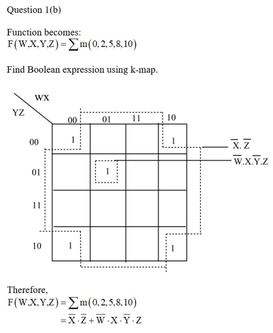 Question 1(b) Function becomes: F(W,X,Y,Z) = m(0,2,5,8,10) Find Boolean expression using k-map. WX YZ 00 01 10 X. Z -W.x.y.z