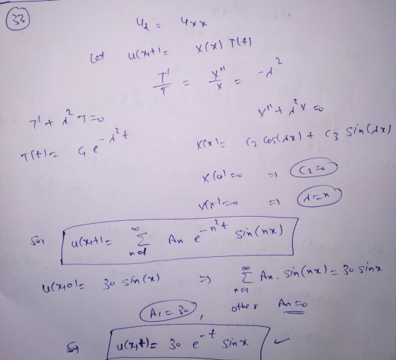 33 424 X(x) T) ut1 Let Y 2 -A G X + TItIE 2Cos(Ax (3 SinCr Kx 11 KPP Sin (nx) An e nof u4012 Z An. Sin(nx)- 30 sinx A, othe