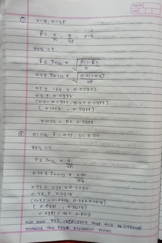 Page No Date x=9, n=u5 h 45 90% ca. & I Zx12x AC1-63 0.2 + Zo 12x 0. 261-0.2) 45 0.2 - 1.64 x 0.05962 0.2 + 0.0977 (0.2-0.097