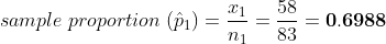 1 58 n1 83 sample proportion (p) = 0.6988