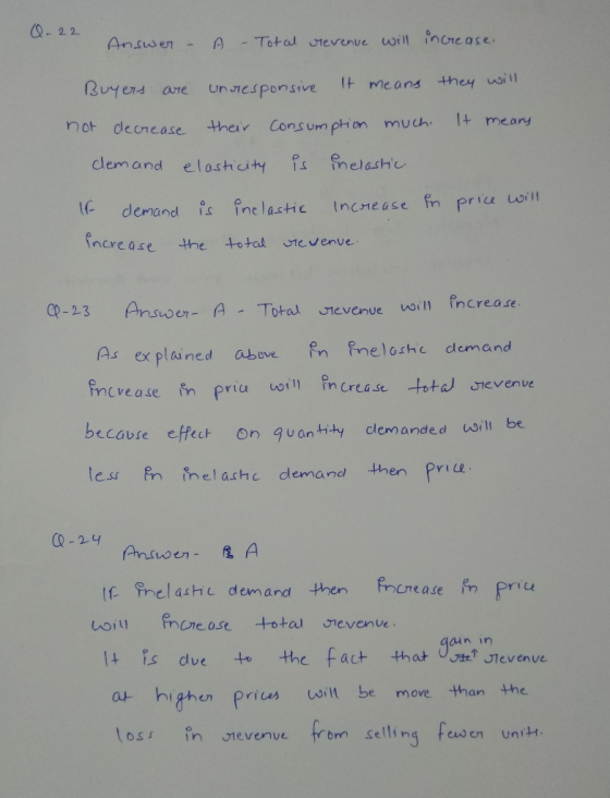 Q. 22 Answer - A - Total revenue will increase. Buyers are unresponsive It means they will It means not decrease their demand