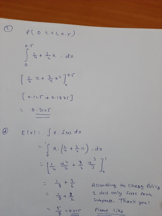 Ploexcois) I t + 2 x da 1+3+ (0.125 +0.1875 = 0.3125 @ E(X)= S x. fcas. dar -(+ ) .olx = 1 + 2 5 امى According to Chegy Polic