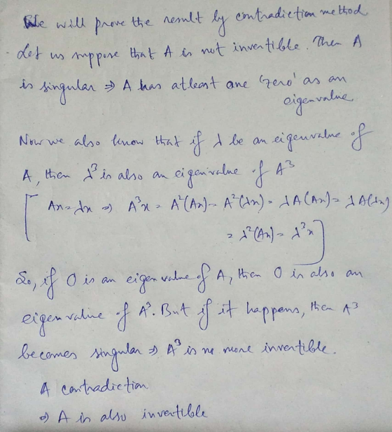labe will prove the result by contradiction method Let us suppose that A is not invertible. Then A is singular & A has atleas