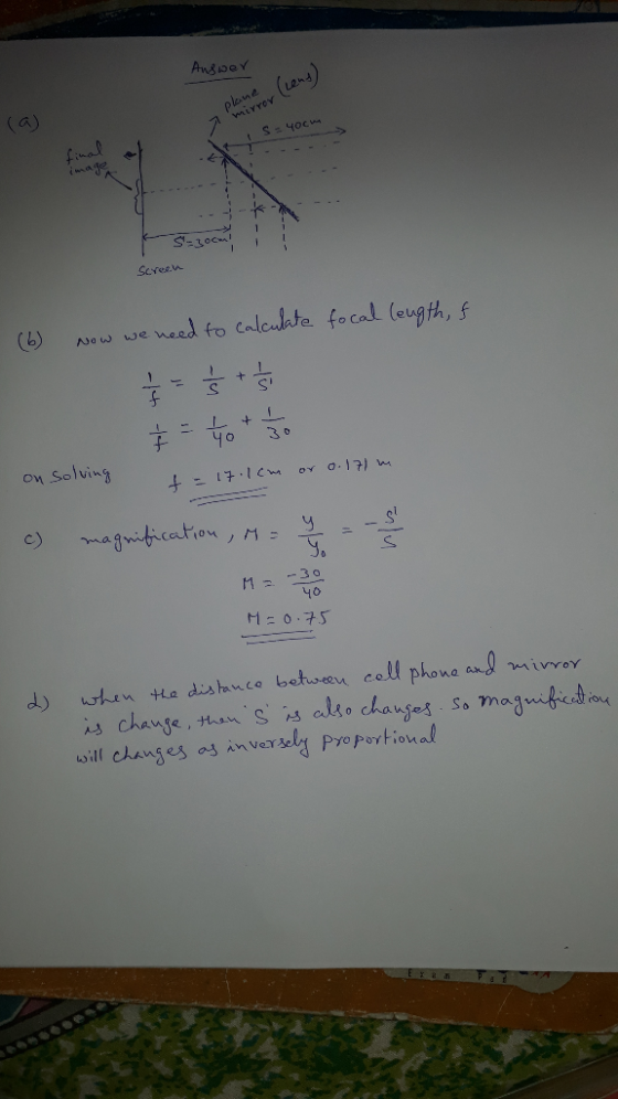 Answer la plane mirror (lend) Yocm --- Szoom i screen (6) Now we need to calculate focal length, f Śs on solving o.171 m t =