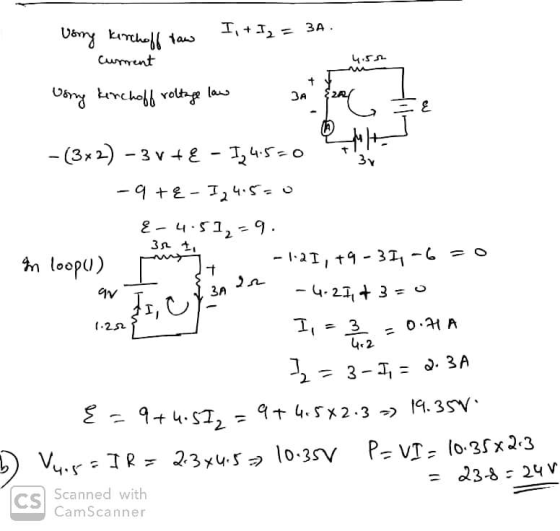 4.51 Using kirchoff raw I, + I2 = 3A. current Using Kirchoff voltage low 3A ? tta t goo low I -(3x 2) - 3 v + € - 114.5-0 - 9
