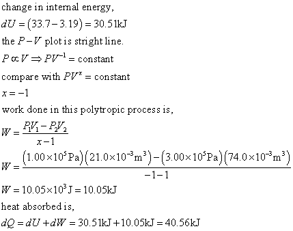 change in intemal energy dU (33.7-3.19) 30.51kJ the P-V plot is stright line. PPconstant compare with PV- constant x--1 work