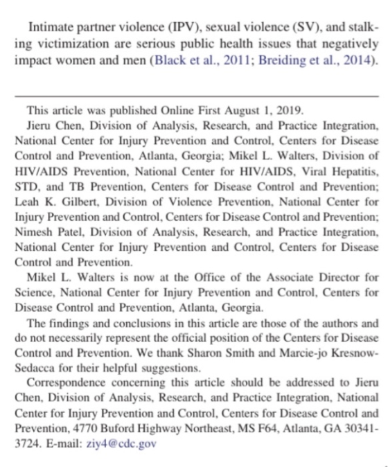 Intimate partner violence (IPV), sexual violence (SV), and stalk- ing victimization are serious public health issues that neg