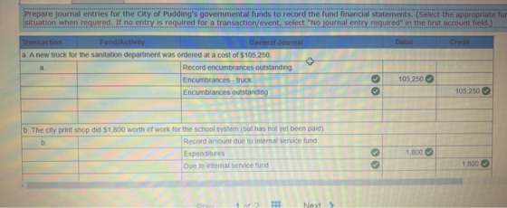 Prepare journal entries for the City of Puddings governmental funds to record the fund financial statements. (Select the app