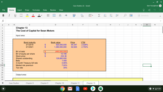 - o x Sam Youngblood 8 Case Studies (2) - Saved File Home Insert Draw Formulas Data Review View B I U A A 3 ele q B 23 AL AL