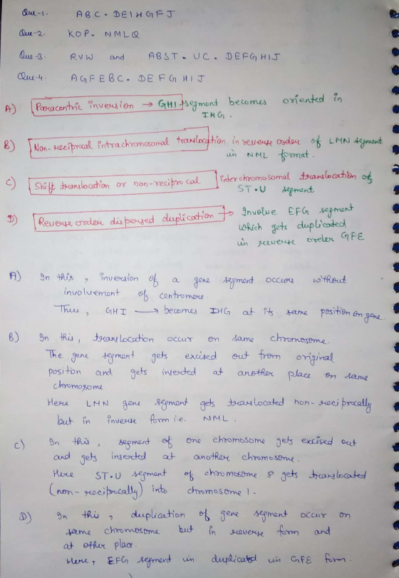 Que-1 A B C - DEIHGFJ KOP. NMLO Que-2. Que-3. RUW and ABST. UC. DEFG HIS clue 4. AGREBC. DE F G H I J oriented in Paracentric