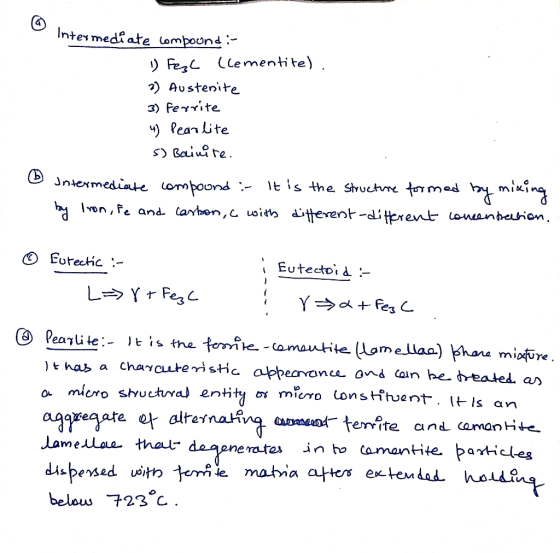 ☺ int Intermediate combound :- 1) Fezl (Cementite). 2) Austenite 3) Ferrite 4) Pearlite s) Bainite. Intermediate compound :-